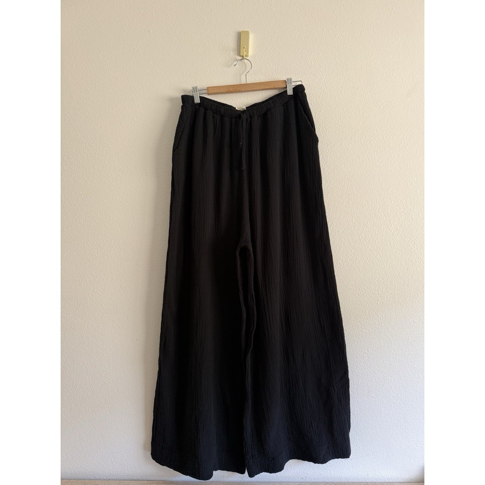 FREE LABEL Cotton Gauze Wide Leg Black Drawstring Pants Women's L